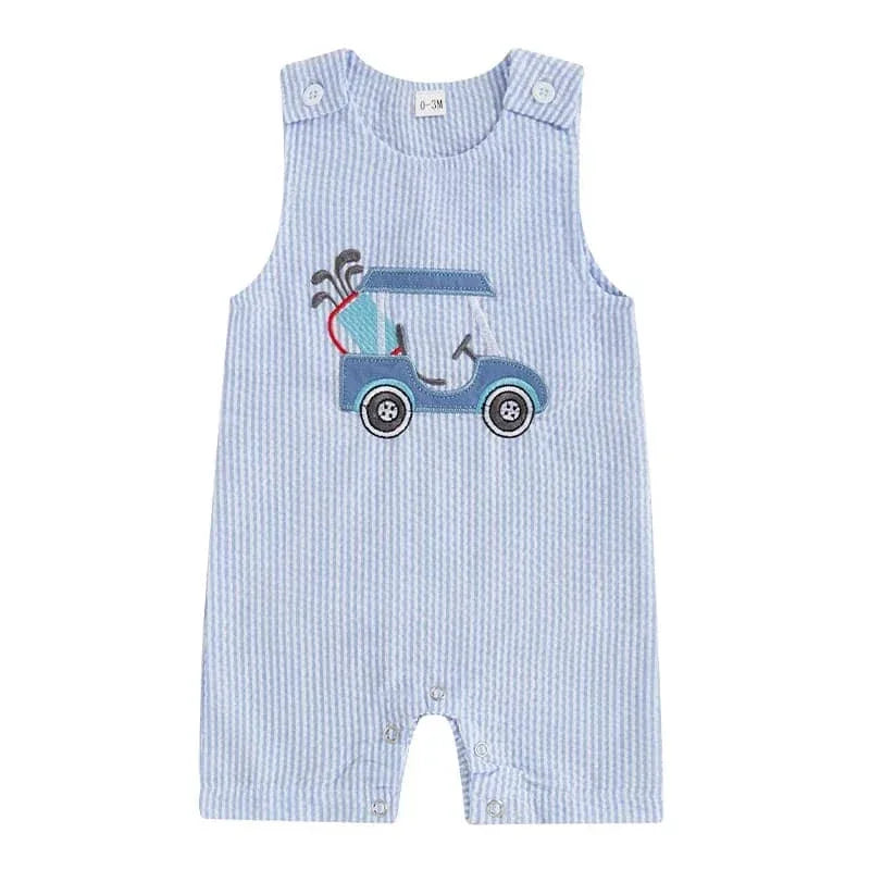 Light blue striped boys golf romper with golf cart applique for infants 6 to 24 months