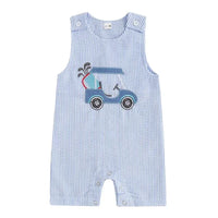 Light blue striped boys golf romper with golf cart applique for infants 6 to 24 months