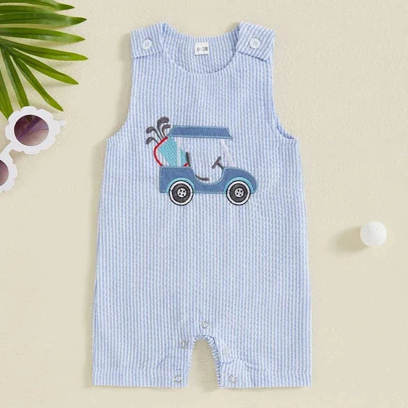 light blue striped boys golf romper for 6 to 12 months with embroidered golf cart design