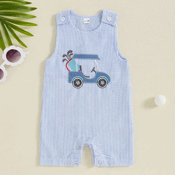 light blue striped boys golf romper for 6 to 12 months with embroidered golf cart design