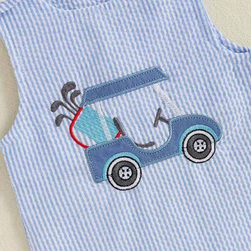 Blue and white striped boys golf romper with embroidered golf cart detail for babies and kids
