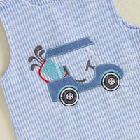 Blue and white striped boys golf romper with embroidered golf cart detail for babies and kids