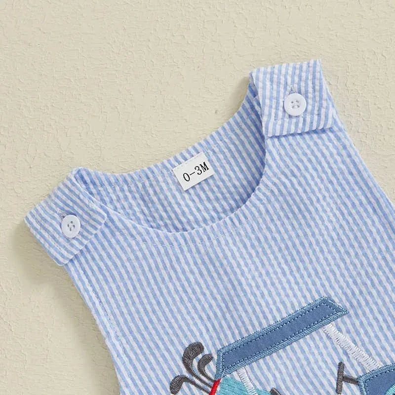 0-3 month boys golf romper in light blue and white stripes with embroidered golf clubs detail