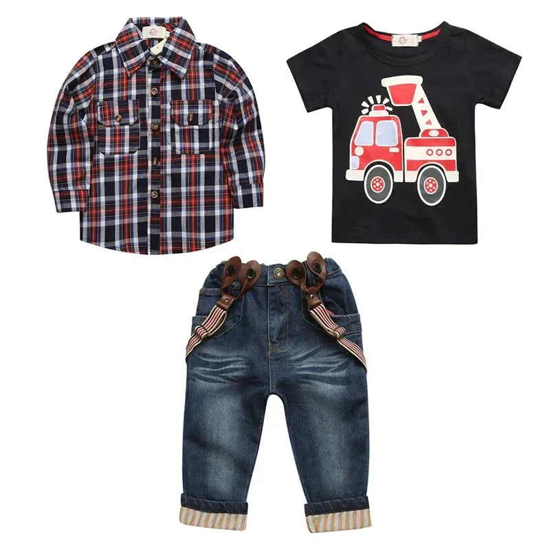 boys jean set with blue denim jeans with suspenders, black fire truck t-shirt, and red navy plaid long sleeve shirt for toddlers