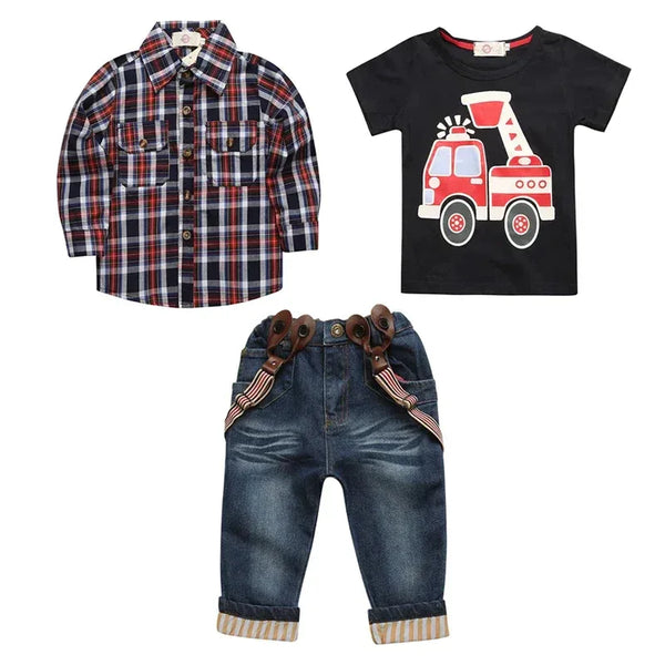 boys jean set with blue denim jeans with suspenders, black fire truck t-shirt, and red navy plaid long sleeve shirt for toddlers