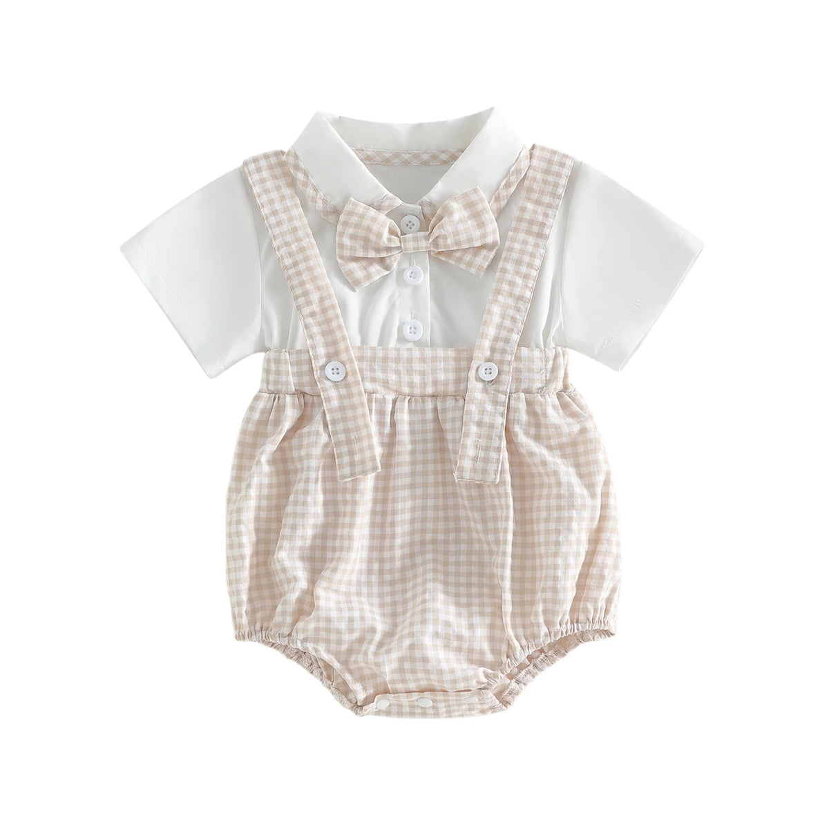 boys shorts set beige checkered suspender shorts with white short sleeve shirt and bow tie