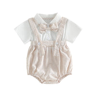 boys shorts set beige checkered suspender shorts with white short sleeve shirt and bow tie