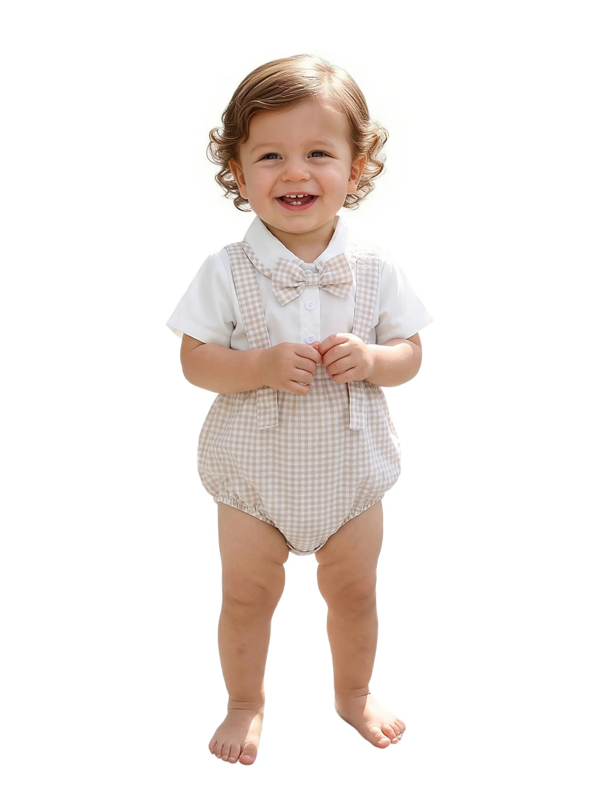 Toddler boys beige checkered shorts set with suspenders and matching bow tie