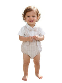 Toddler boys beige checkered shorts set with suspenders and matching bow tie