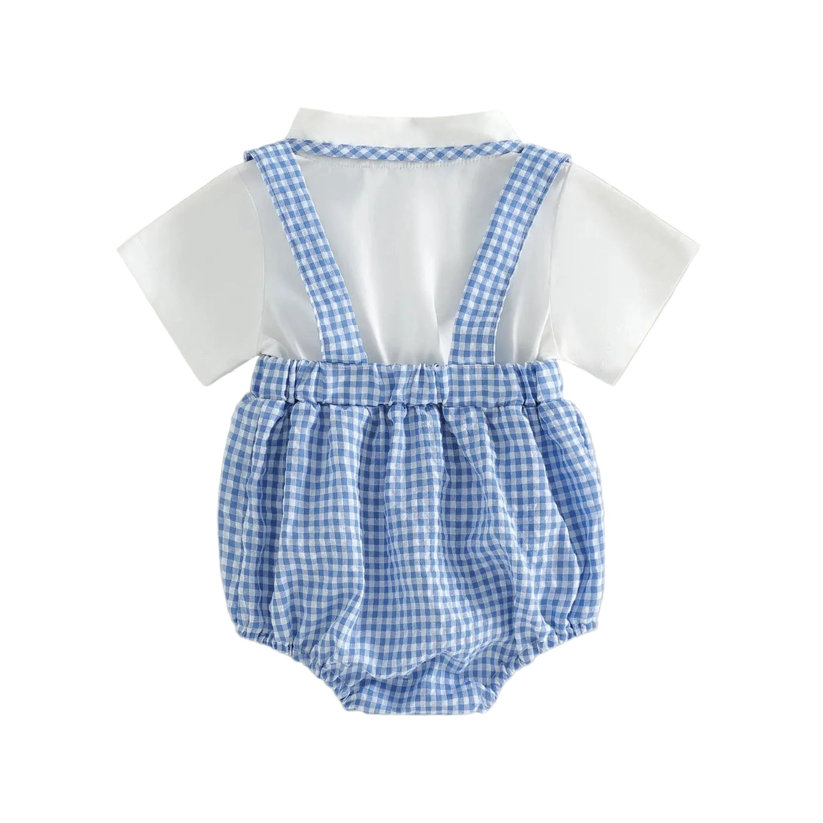 Infant boys shorts set with blue gingham suspender shorts and white short sleeve shirt
