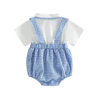 Infant boys shorts set with blue gingham suspender shorts and white short sleeve shirt