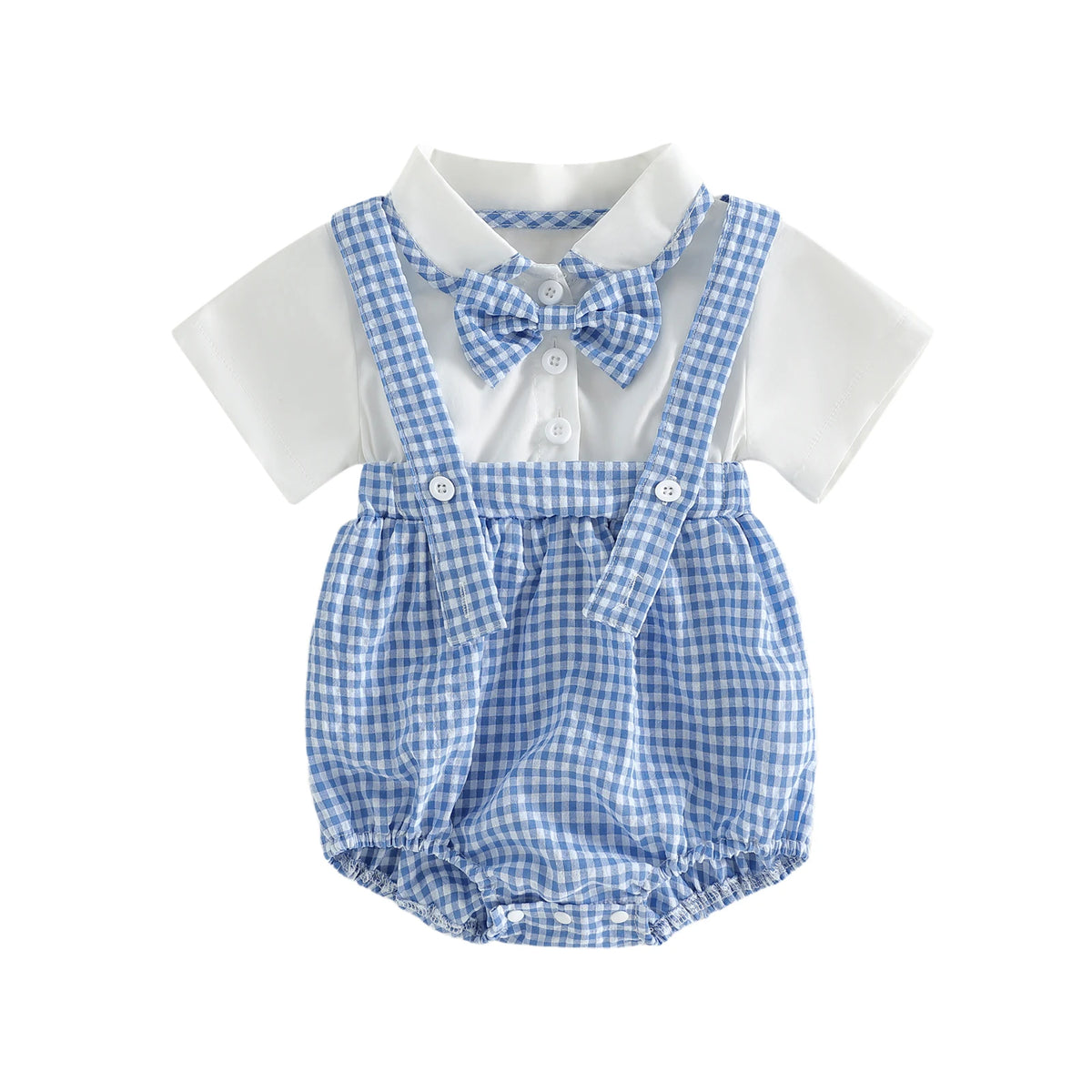 blue and white boys shorts set with suspenders and bow tie toddler size