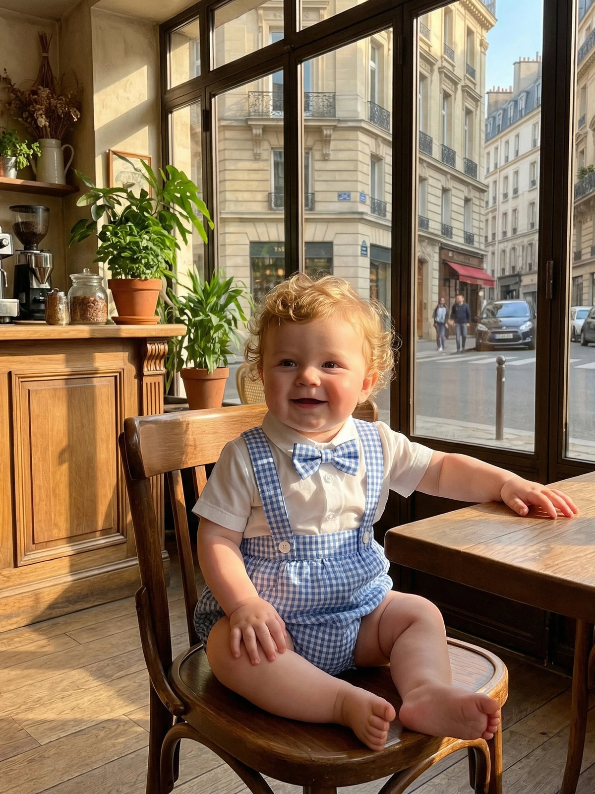 Toddler boys shorts set in blue gingham with suspenders and bow tie, perfect for casual or special occasions