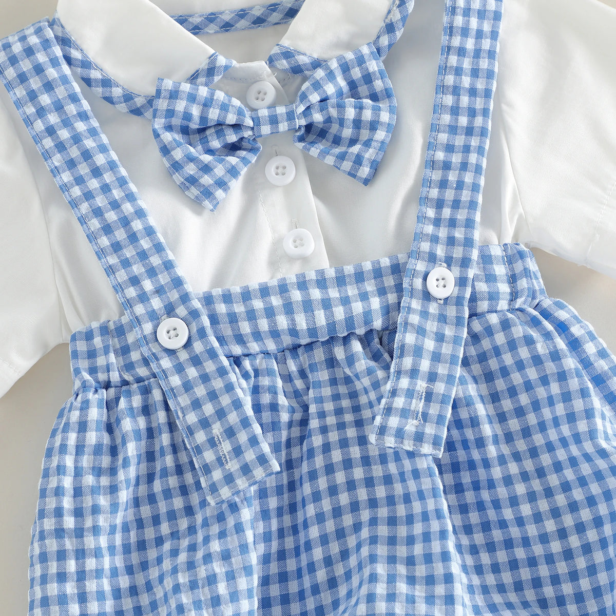 boys shorts set in blue and white gingham with suspenders and matching bow tie for toddlers