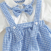 boys shorts set in blue and white gingham with suspenders and matching bow tie for toddlers