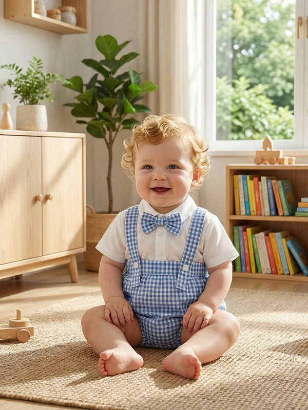 Baby boy wearing blue and white gingham boys shorts set with suspenders and bow tie sitting on rug