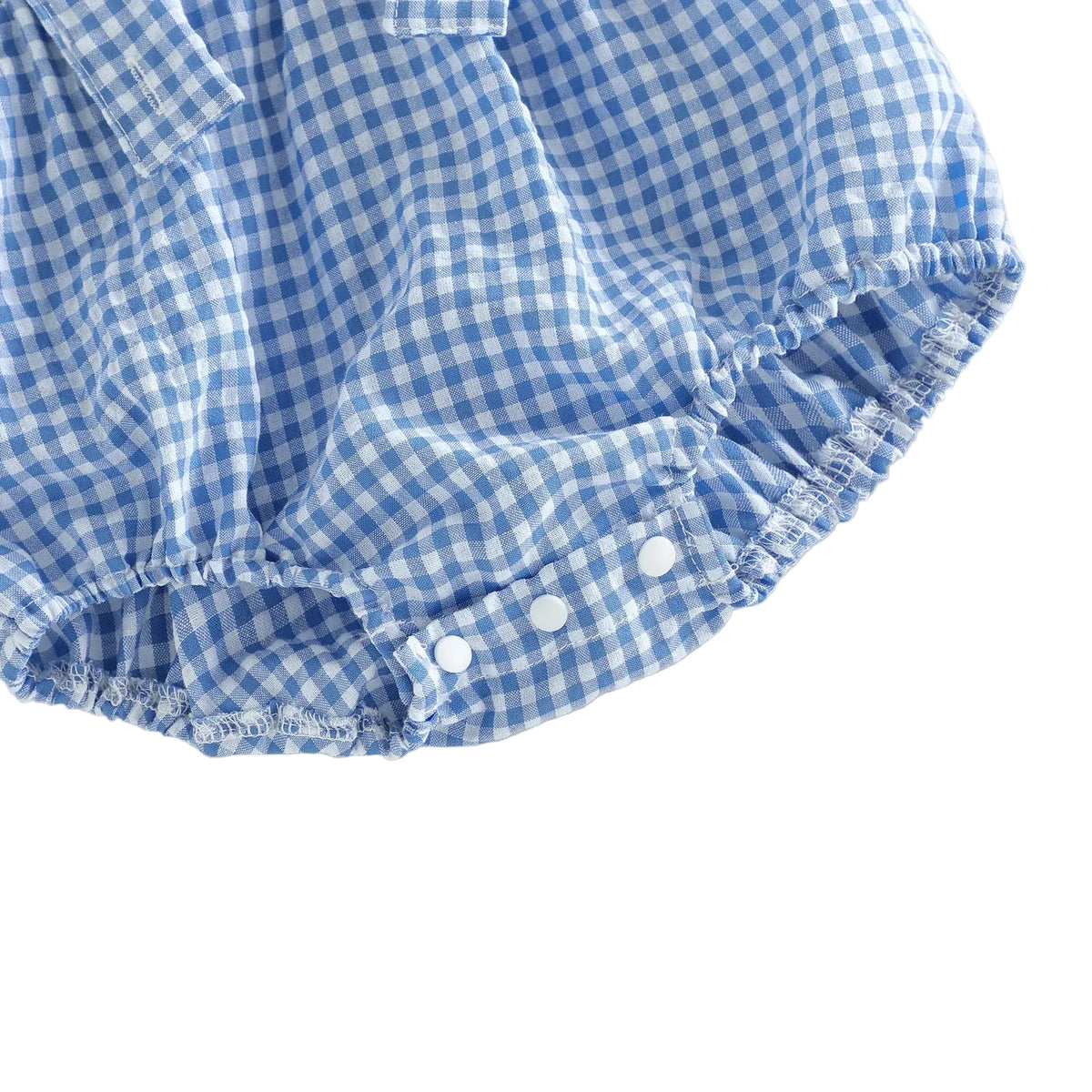 Light blue and white gingham boys shorts set with elastic leg openings and snap closures for toddlers