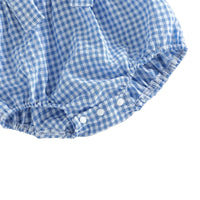Light blue and white gingham boys shorts set with elastic leg openings and snap closures for toddlers