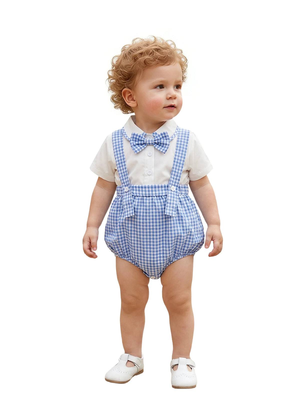 toddler boys shorts set in blue gingham with suspenders and matching bow tie for infant boys