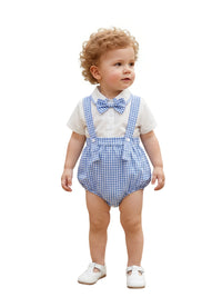 toddler boys shorts set in blue gingham with suspenders and matching bow tie for infant boys