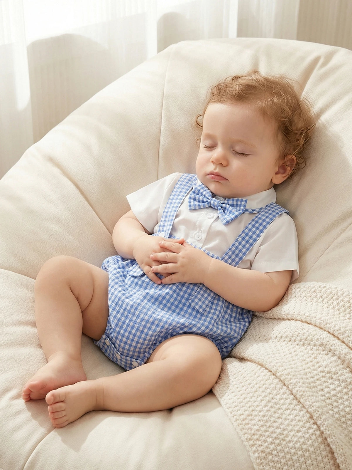 baby boys blue gingham shorts set with matching bow tie and white short sleeve shirt