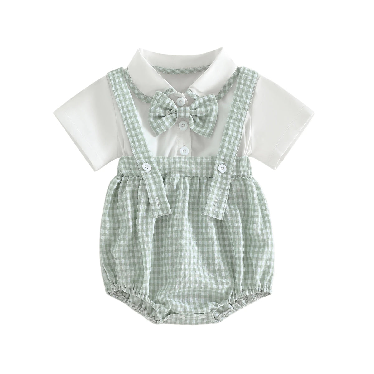 baby boys shorts set with white short sleeve shirt and green checkered suspender shorts with matching bow tie