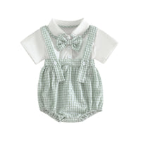 baby boys shorts set with white short sleeve shirt and green checkered suspender shorts with matching bow tie
