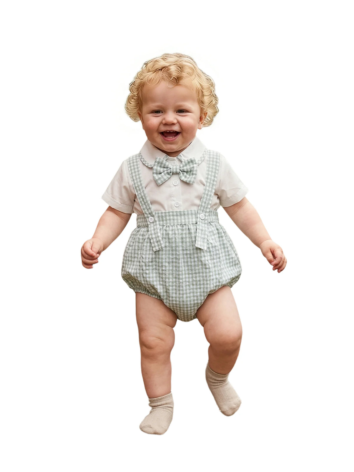 toddler boys shorts set with green checkered suspender shorts and white shirt with bow tie
