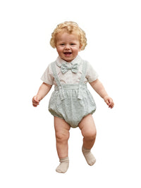 toddler boys shorts set with green checkered suspender shorts and white shirt with bow tie