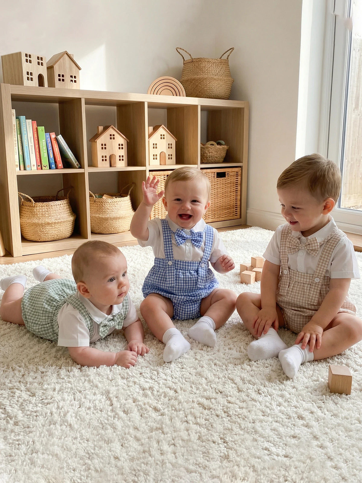 Three toddlers wearing boys shorts sets in pastel green, blue, and beige with bow tie detail