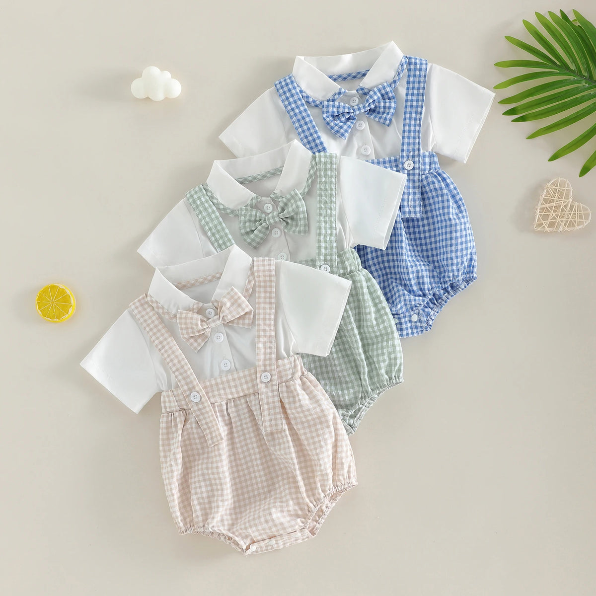 Boys shorts set with white collared shirt and gingham suspenders in blue green and beige for toddlers