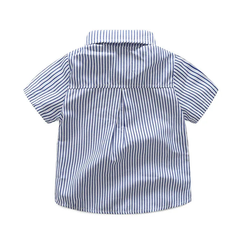 boys striped shirt and shorts set with white and navy blue vertical stripes, short sleeve, toddler size