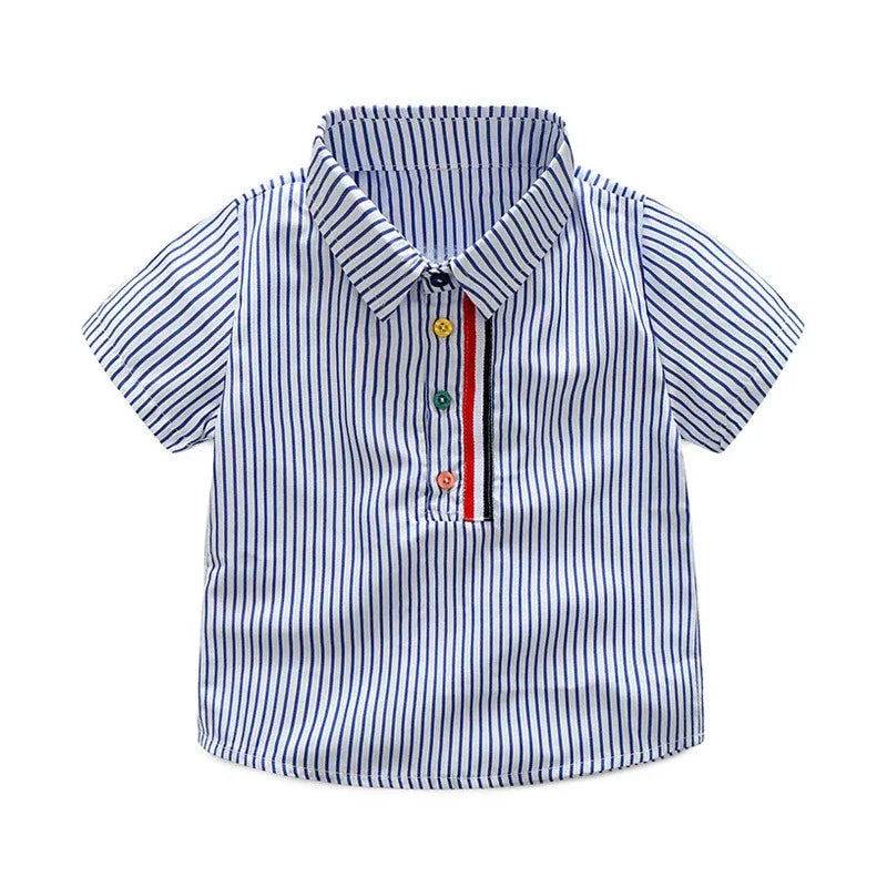 boys striped shirt and shorts set with blue and white vertical stripes and colorful buttons for toddlers