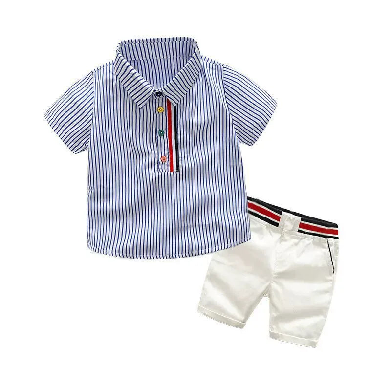 boys striped shirt and shorts set with blue and white striped short sleeve shirt and white shorts with red and black waistband