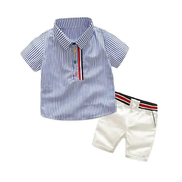 boys striped shirt and shorts set with blue and white stripes shirt and white shorts with red and black waistband for toddlers