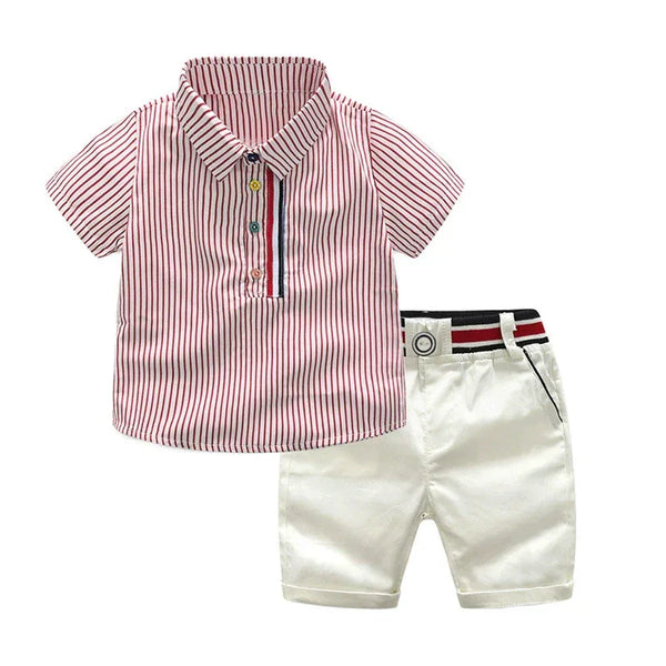 Boys striped shirt and shorts set with red and white striped short sleeve shirt and white shorts for toddlers