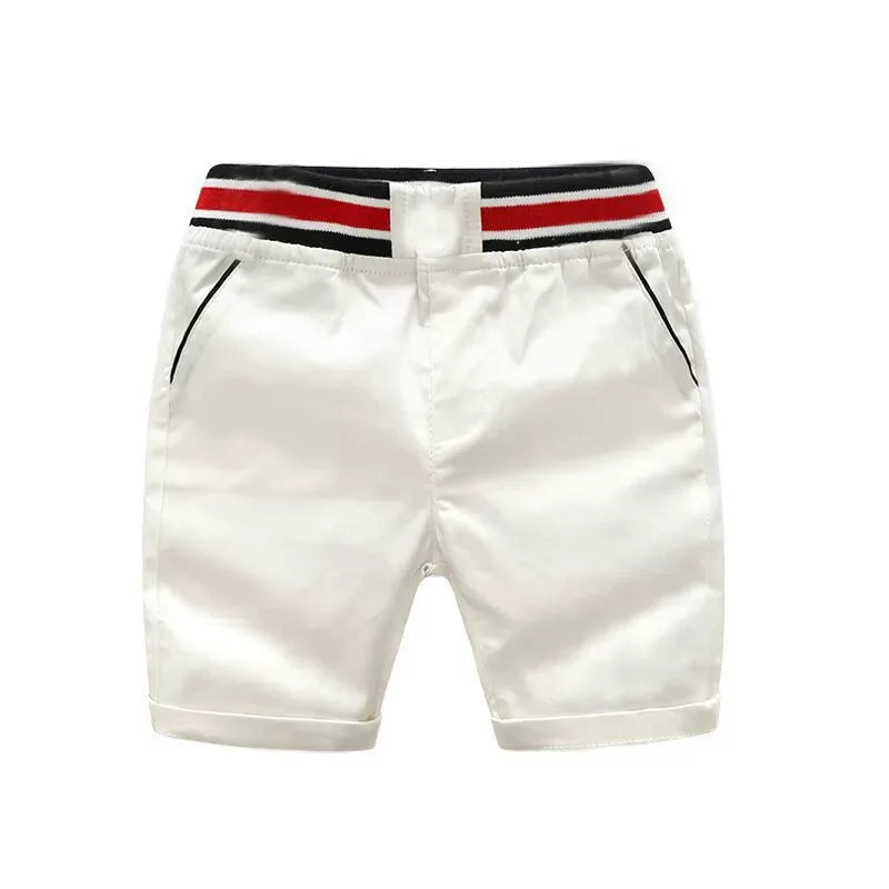 boys striped shirt and shorts set featuring white shorts with black and red striped waistband for toddlers