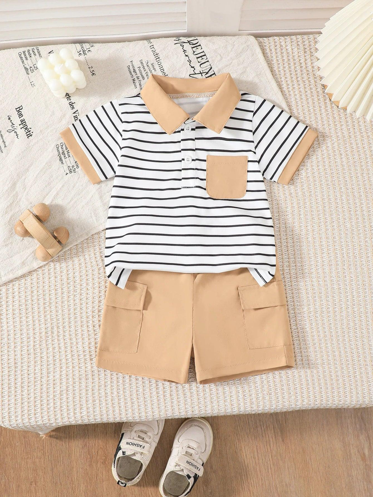 Boys striped shorts outfit set with white and black striped polo shirt and tan shorts for toddlers
