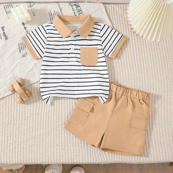 boys striped shorts outfit set with white and black striped shirt and tan collar and shorts for toddlers