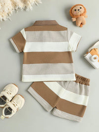 Boys summer shorts set with brown and white striped polo shirt and matching shorts for toddlers
