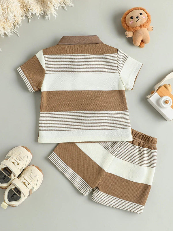 Boys summer shorts set with brown and white striped polo shirt and matching shorts for toddlers