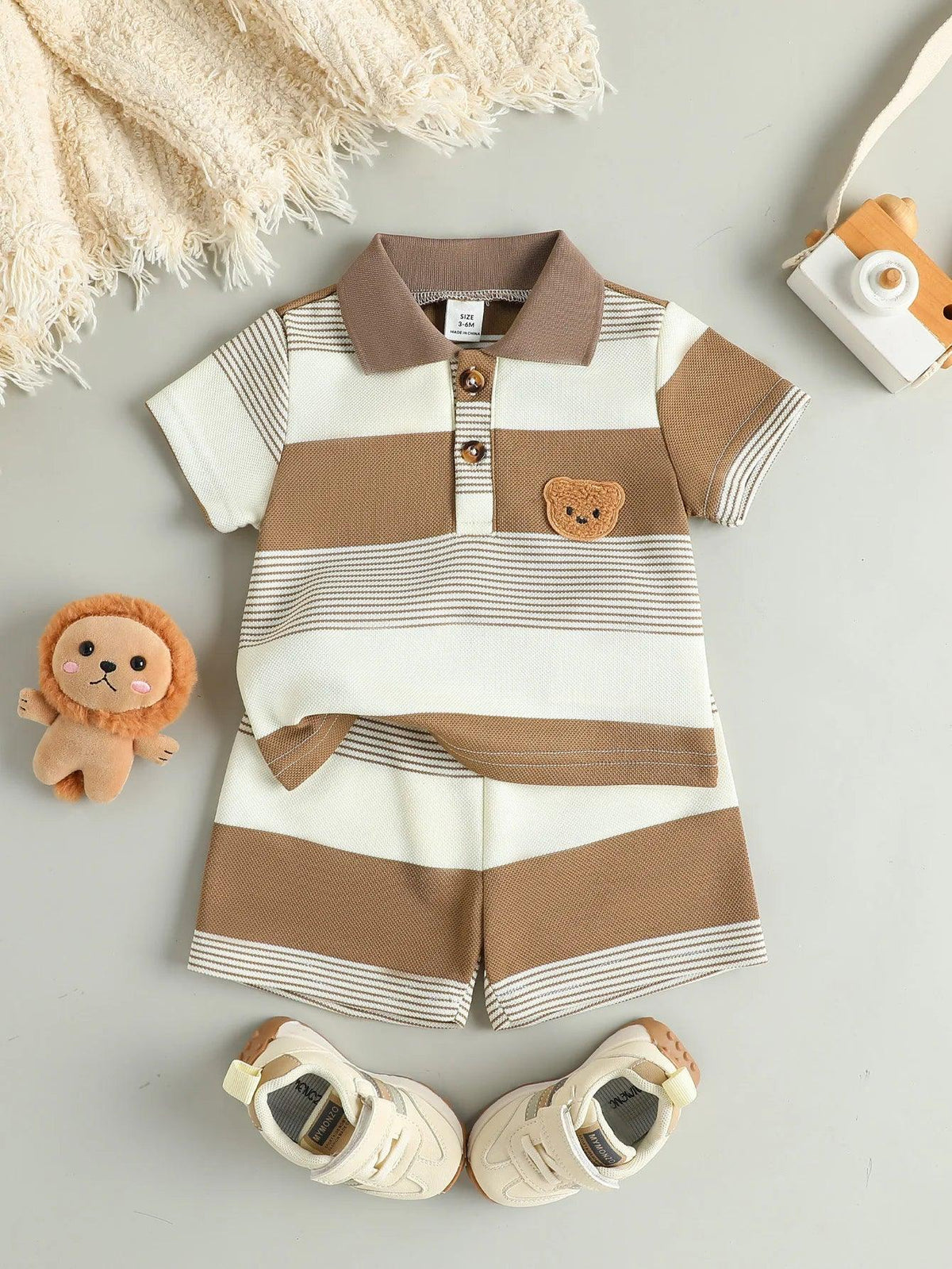 boys summer shorts set in brown and white stripes with bear patch for toddlers