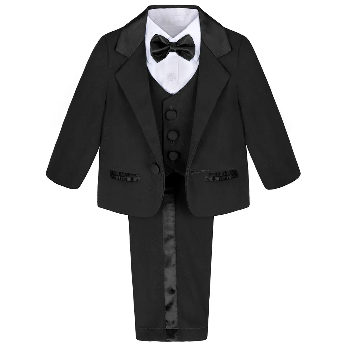 black boys tuxedo set for toddlers with jacket bow tie and satin trim pants