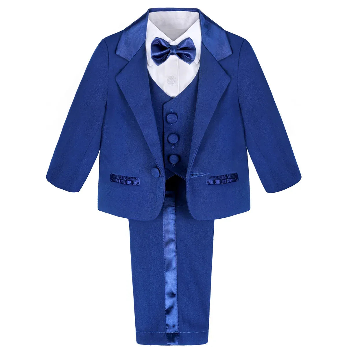 boys tuxedo set for toddlers in royal blue with satin trim and matching bow tie