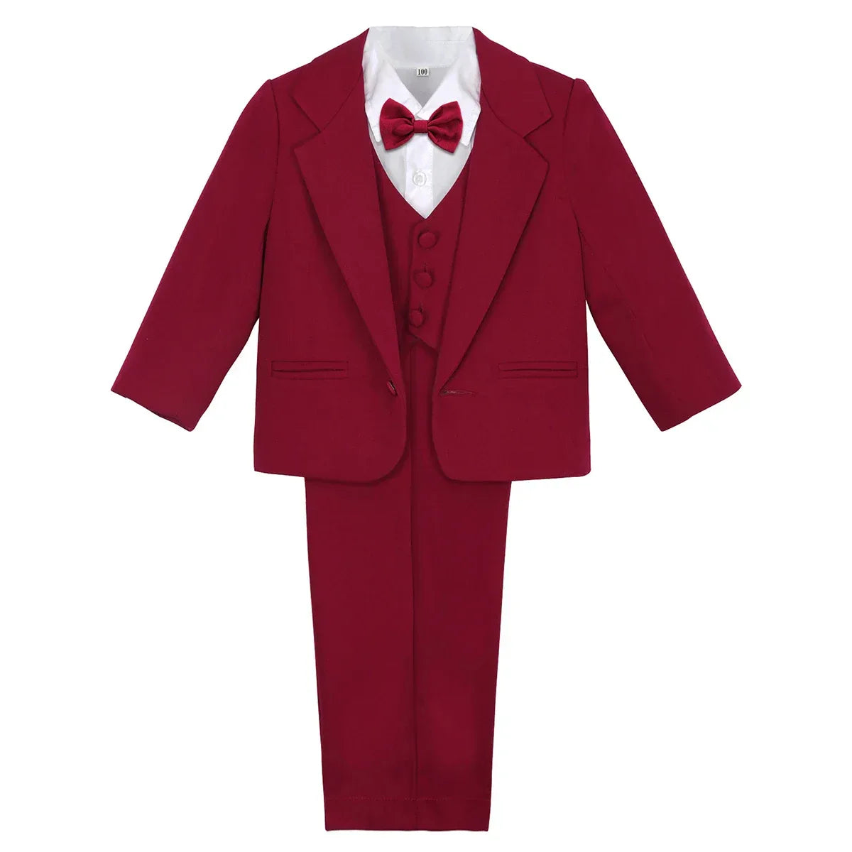 Boys tuxedo set for toddlers in deep red with bow tie and buttoned vest