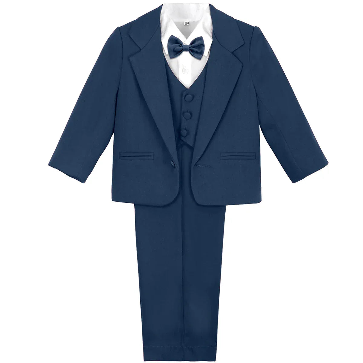 Navy blue boys tuxedo set for toddlers with jacket vest pants and bow tie formal outfit