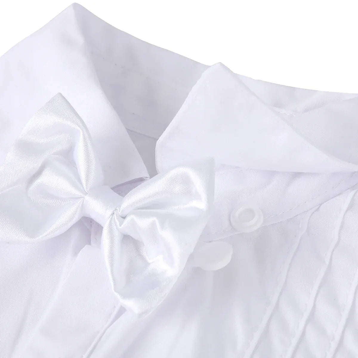White boys tuxedo set for toddlers with satin bow tie and pleated front shirt