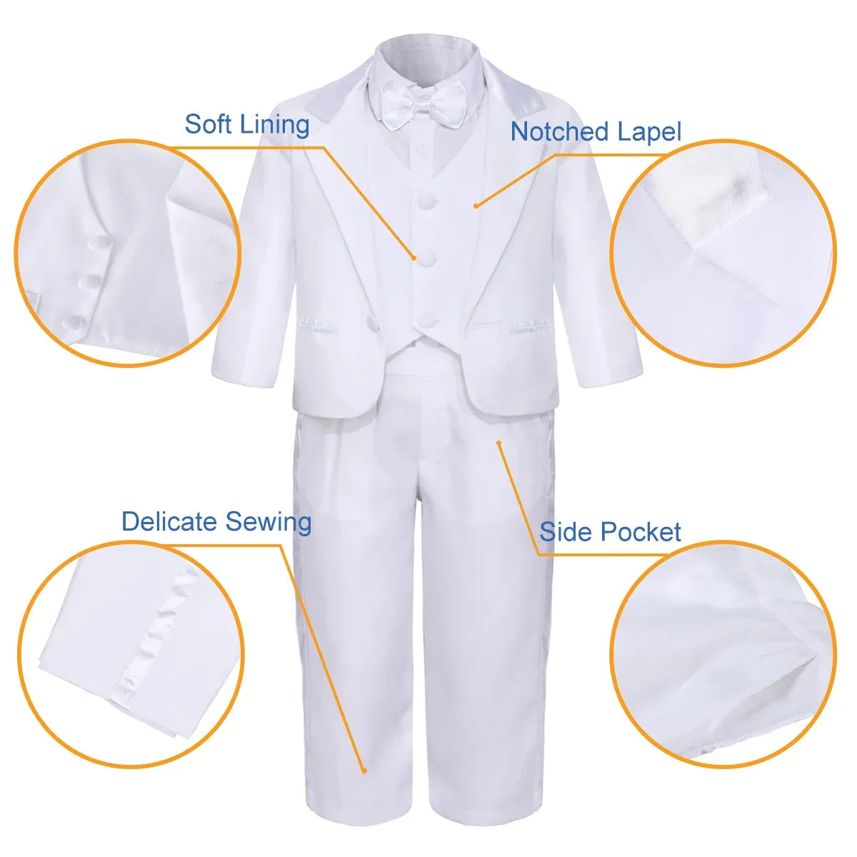 Boys tuxedo set for toddlers in white with notched lapel jacket and soft lining
