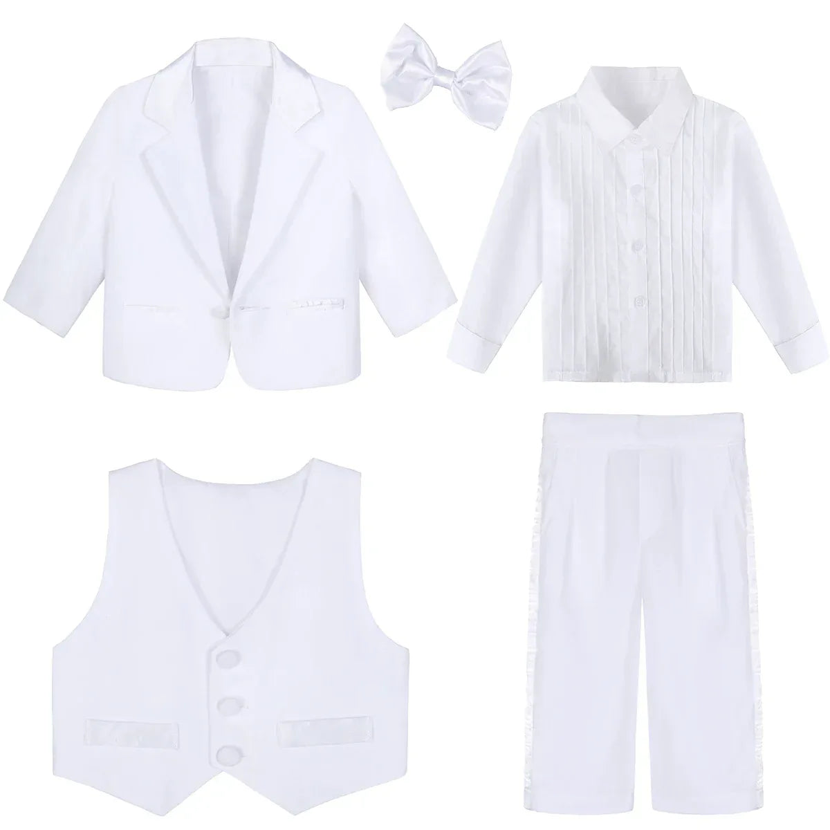 boys tuxedo set for toddlers in white including jacket, vest, pants, shirt, and bow tie long sleeve