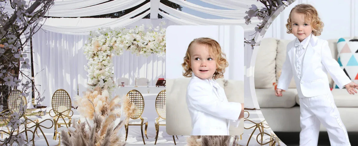 Toddlers wearing white boys tuxedo set for toddlers with jacket and pants in formal setting